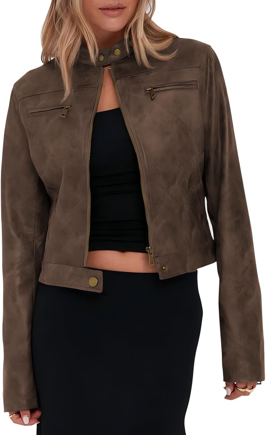 Women's Faux Leather Cropped jackets Casual Vintage Zip Up Stand Collar Motorcycle Short Coat Jacket | Amazon (US)