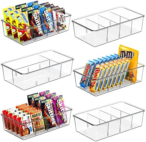6 Pack Food Storage Organizer Bins, Clear Plastic Pantry Organizer with Removable Dividers, Pantry O | Amazon (US)