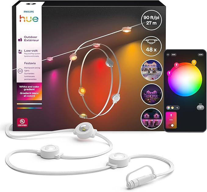 Philips Hue Festavia 90ft Permanent Outdoor String Lights, 48 Dimmable Lights, 55 Lumens Each, We... | Amazon (US)