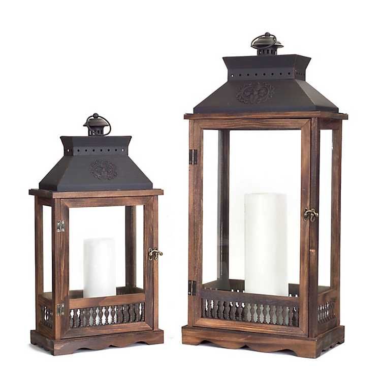 New! Wood and Metal Brown Embossed Lanterns, Set of 2 | Kirkland's Home