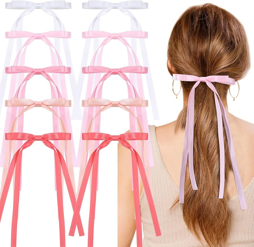 10PCS Long Tail Ribbon Bowknot Hair Accessories - Tassel Ponytail Barrettes, Solid Satin Clips fo... | Amazon (US)