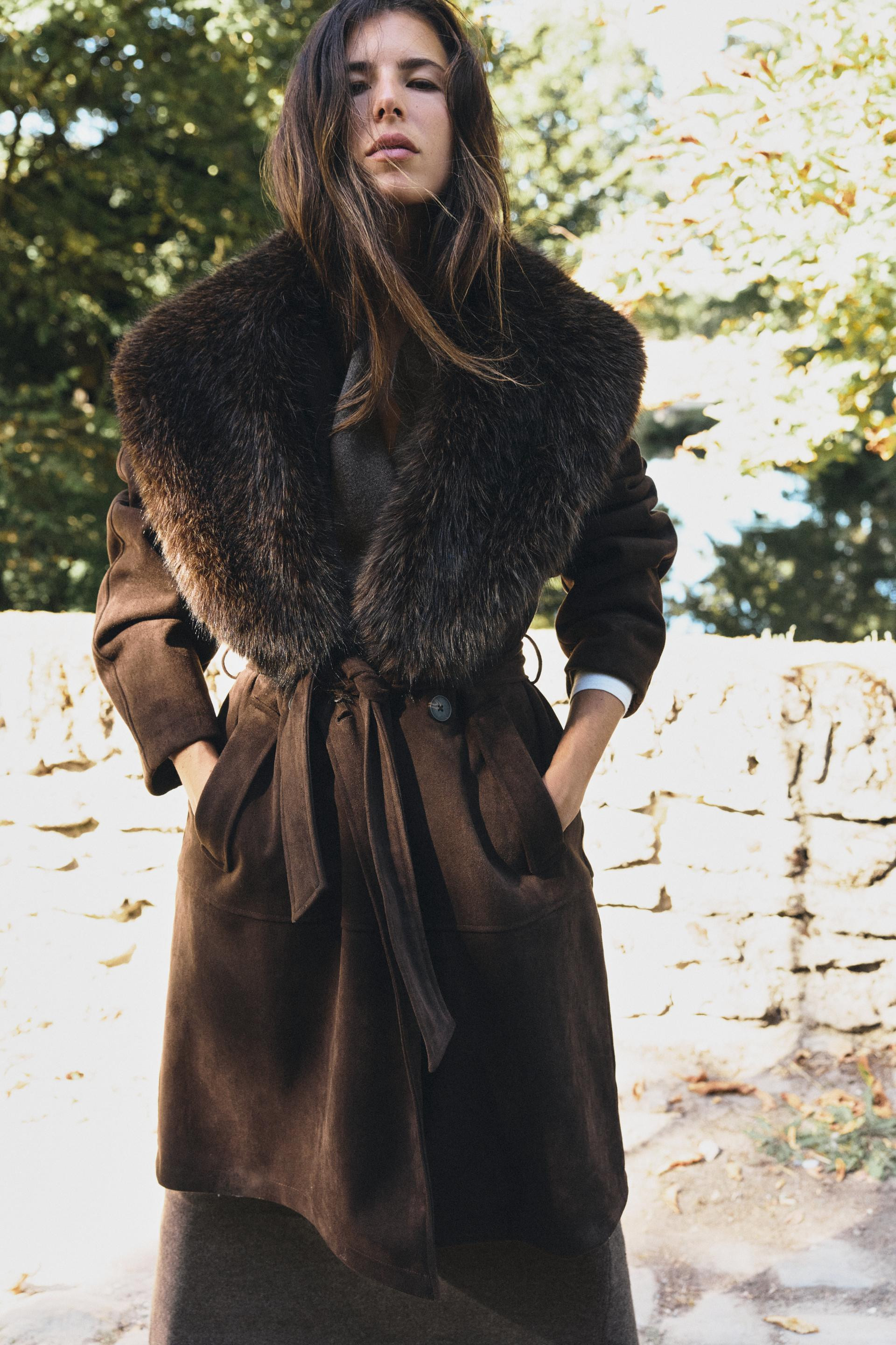 Zara - Faux Fur Collar Belted Coat - Brown - Xs - Woman | Zara US