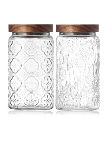Vintage Glass Jar with Wood Lid - Christmas Airtight Canisters for Kitchen Countertop Bathroom, Storage Candy, Cookie, Coffee, Apothecary, Sugar, Flour ,Pet Treat (Sunflower & Begonia, 34oz/1000ml) | Amazon (US)
