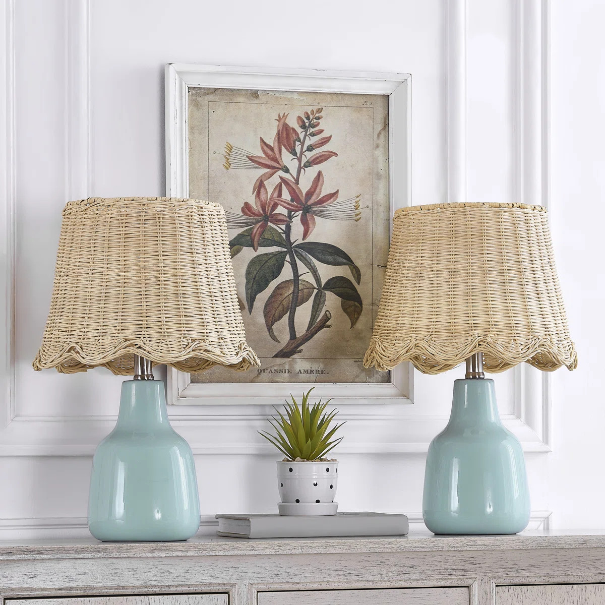 16.5" Coastal Country Blue Ceramic Table Lamp Handwoven Rattan Shade for Bedroom Living Room (Set... | Wayfair North America