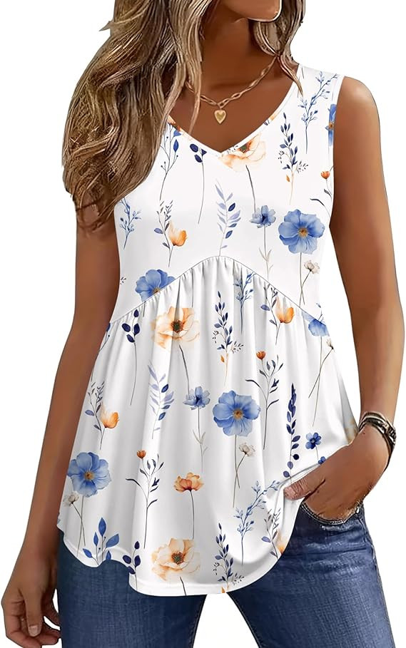 Zeagoo Womens Tops 2026 Flowy Peplum Summer V Neck Babydoll Tank Top Casual Beach Vacation Clothe... | Amazon (US)