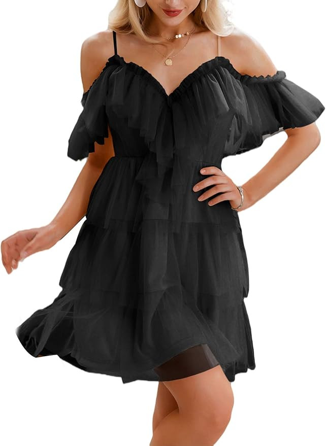 Simplee Women's Party Dress Tulle Ruffle Spaghetti Strap A Line Mini Dress | Amazon (US)