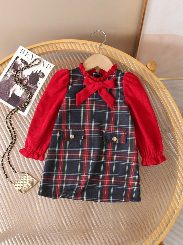 SHEIN Adorable Plaid Bow Decor Long Sleeve Dress For Baby Girl, Suitable For Christmas And Outing... | SHEIN
