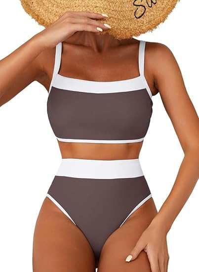 Herseas Women's Two Tone Patchwork Bikini Sets U Neck Swimsuit High Waisted Bathing Suit | Amazon (US)