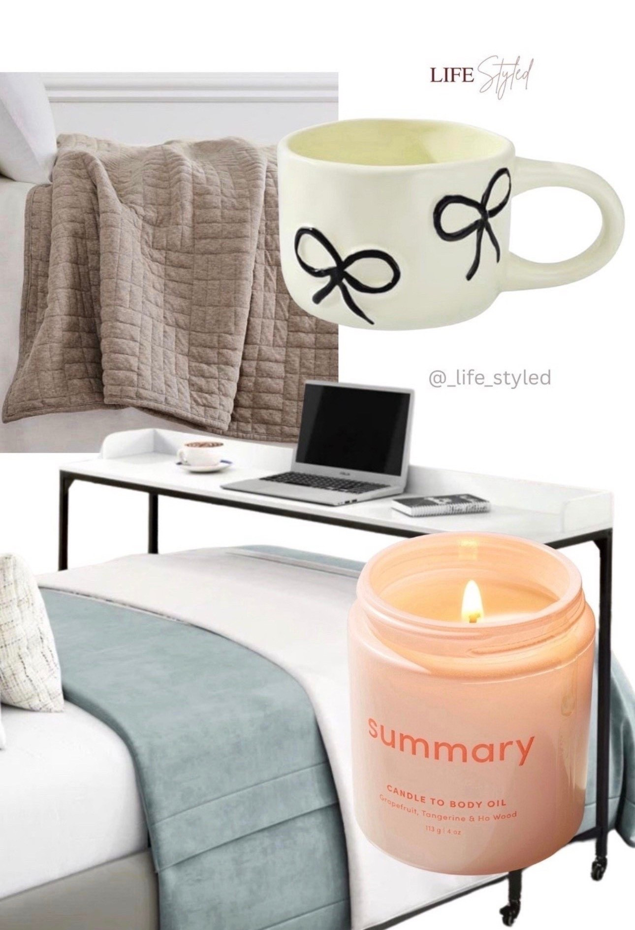 Desk goals, cozy layers, & little luxe touches throughout 🤩 An over-the-bed desk for work or vibes, a candle that transforms into body oil once burned (yes, really), a bow-detailed mug, & a soft jersey blanket to wrap it all up. Cutest self-care ever. 💗

#LTKmorningroutine #LTKselfcare #LTKHome