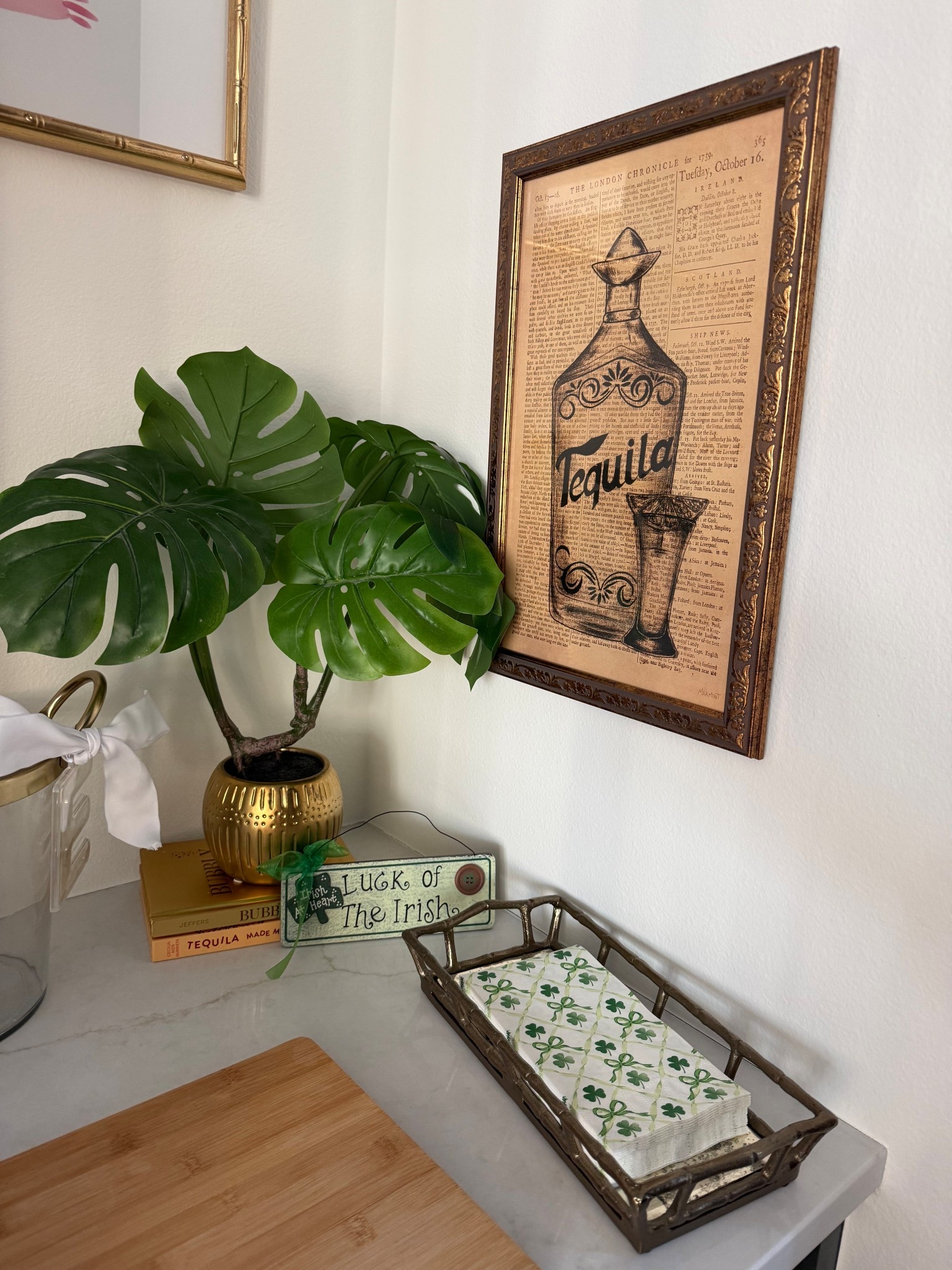 Pantry wet bar decor ideas! Gold frame newspaper tequila wall art picture! 

#LTKHome