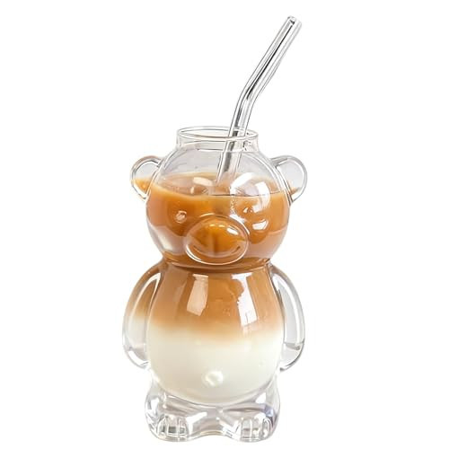 Teddy Bear Coffee Tumbler, Cute Honey Bear Glass Cup Jar with Straw 12oz, Coffee Beer Wine Cocktail Drinks Glassware, Unique Honeybear Shaped Cups, For Home Bar, Kitchen, Restaurant, Party(1PC) | Amazon (US)