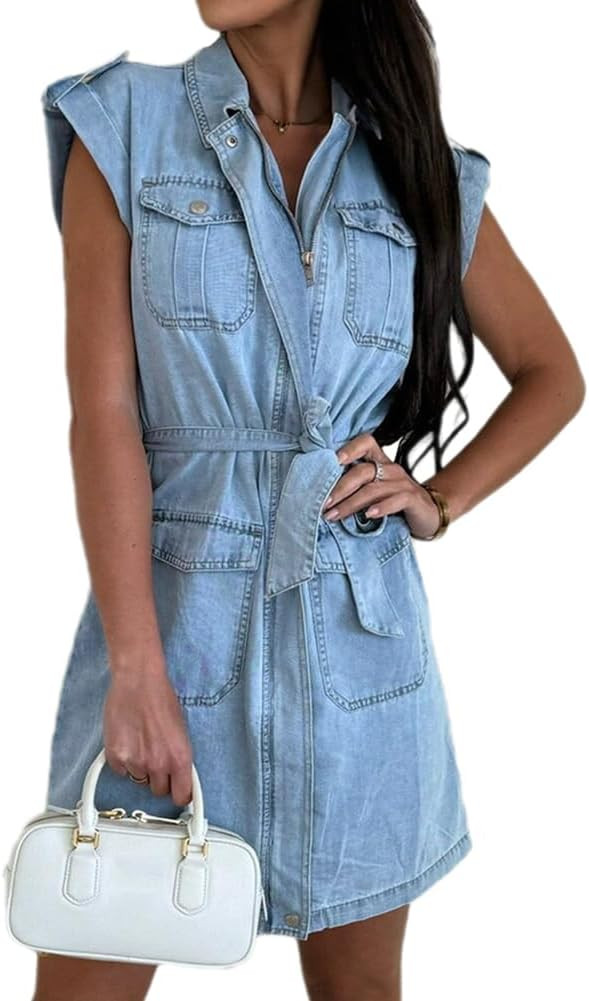 Women's Baggy Distressed Denim Dress Short Sleeve Zipper Front Midi Jean Dress with Belt | Amazon (US)