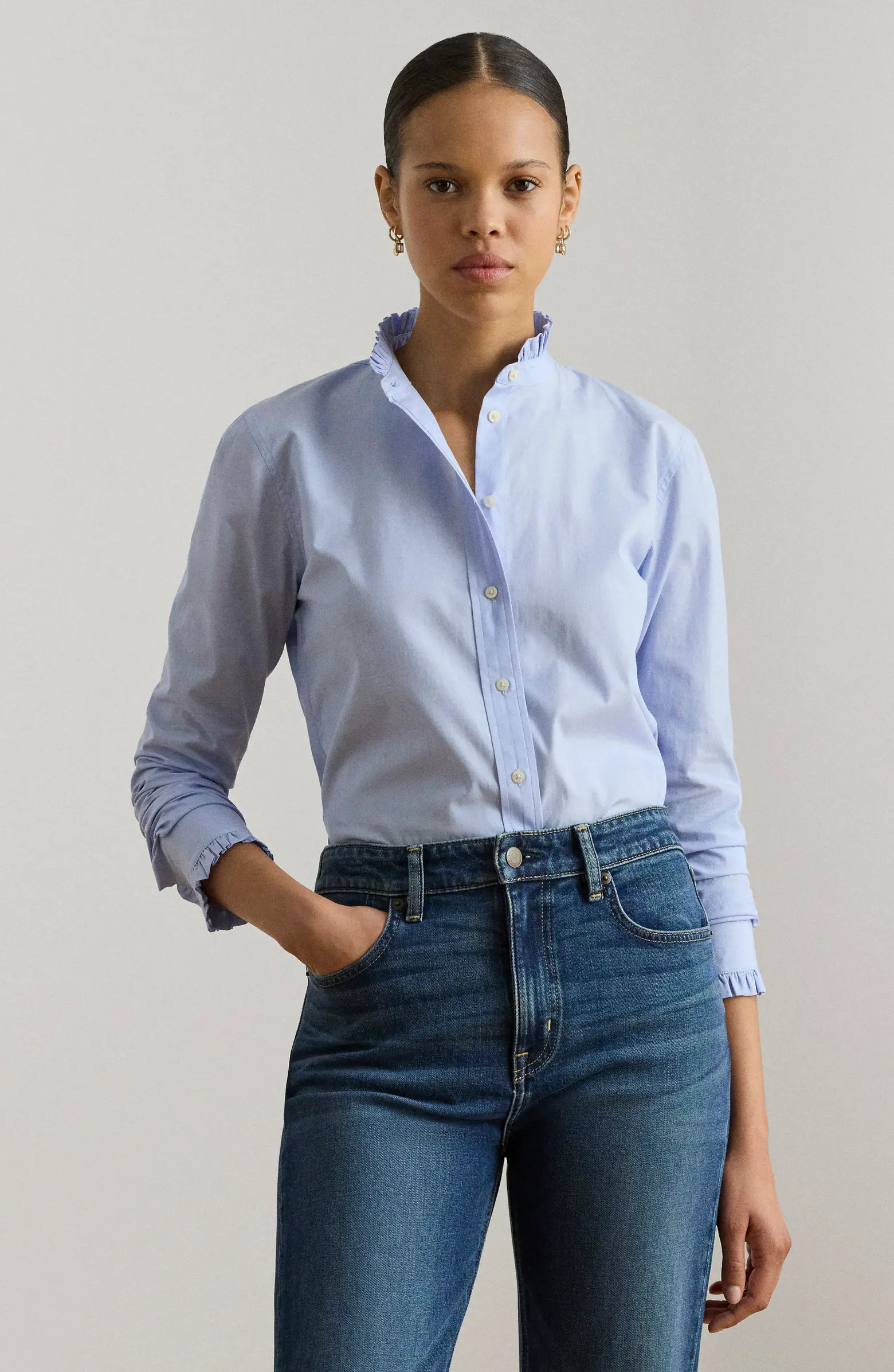 Ruffle Trim Cotton End-on-End Button-Up Shirt | Nordstrom