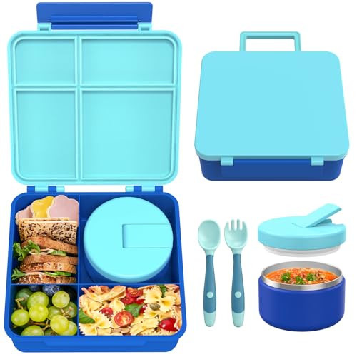 Bento Lunch Box with 8oz Soup Thermo, Leak-Proof Lunch Containers with 4 Compartment, Thermo Hot Food Jar and Insulated Lunch Box for School Blue | Amazon (US)