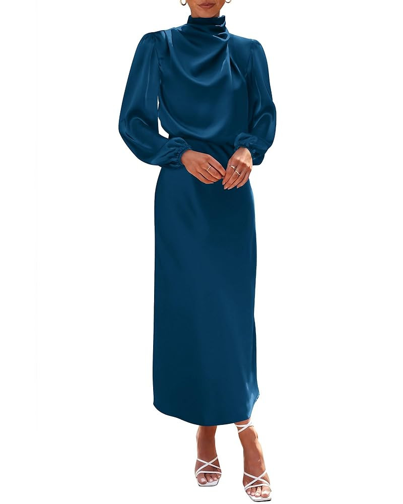 BTFBM Women's Mock Neck Satin Dress Elegant Long Sleeve Elastic High Waist Formal Wedding Cocktai... | Amazon (CA)