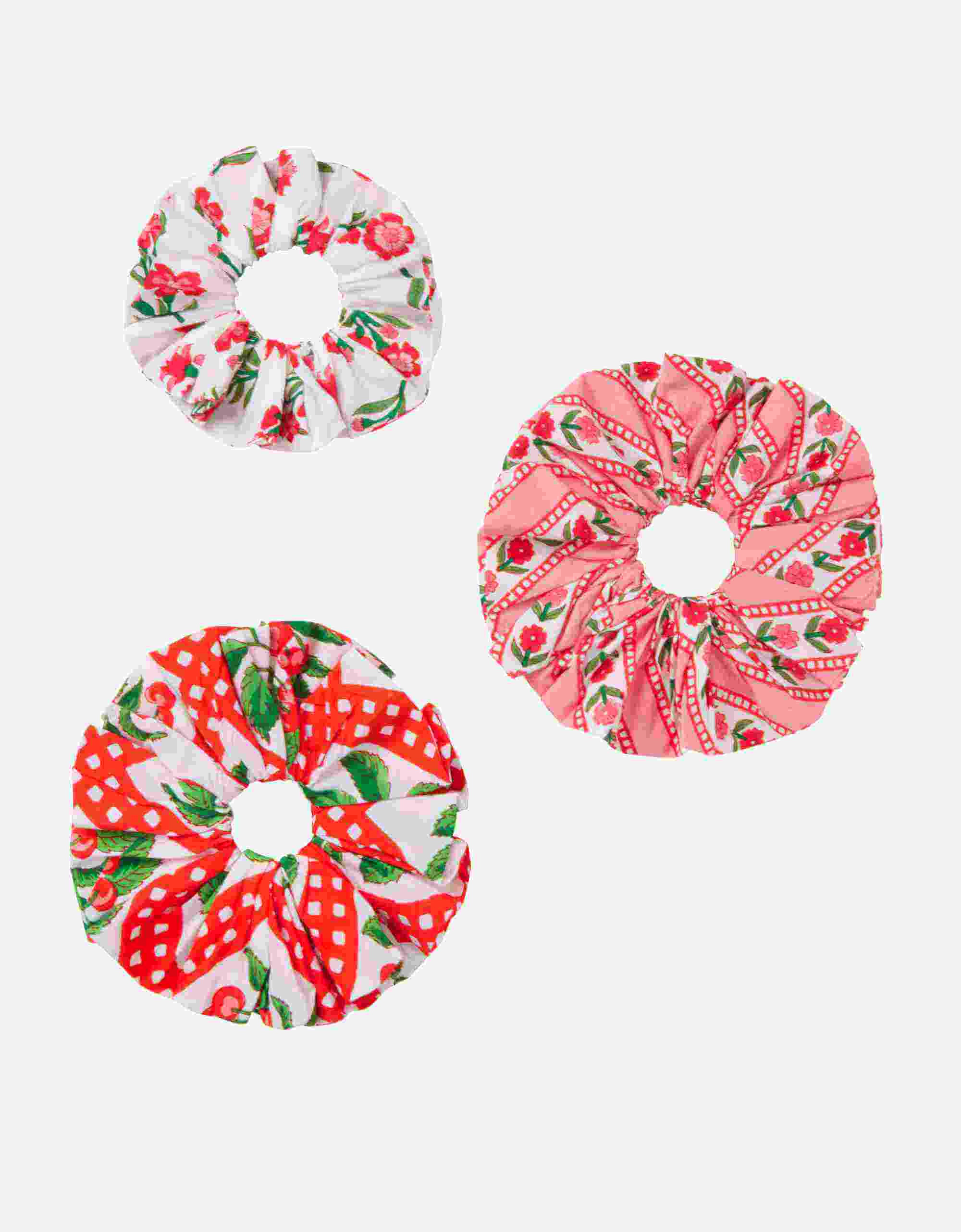 Scrunchie Set | Red, Pink & White | Block Print Cotton | Pink City Prints UK