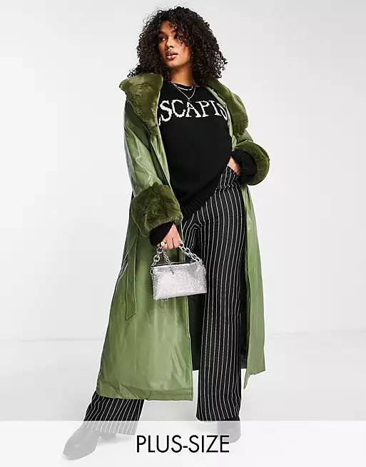 Reclaimed Vintage Plus longline leather look mac with detachable faux fur collar in sage | ASOS (Global)