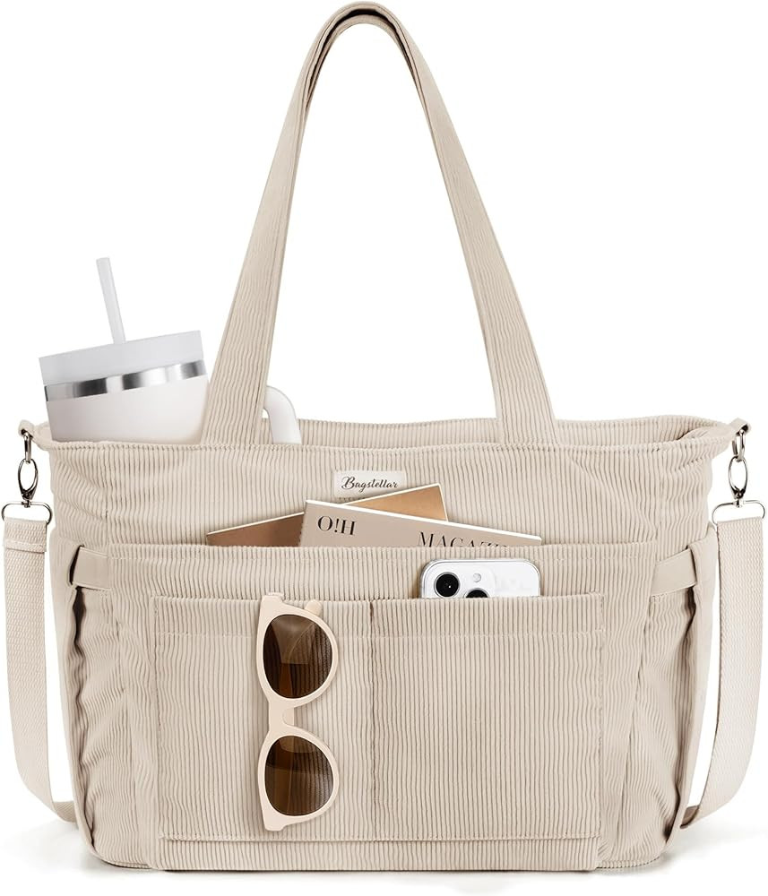 Corduroy Tote Bag for Women, 17 Pockets Laptop Work Tote Bag Lightweight Teacher Nurse Bible Bag ... | Amazon (US)