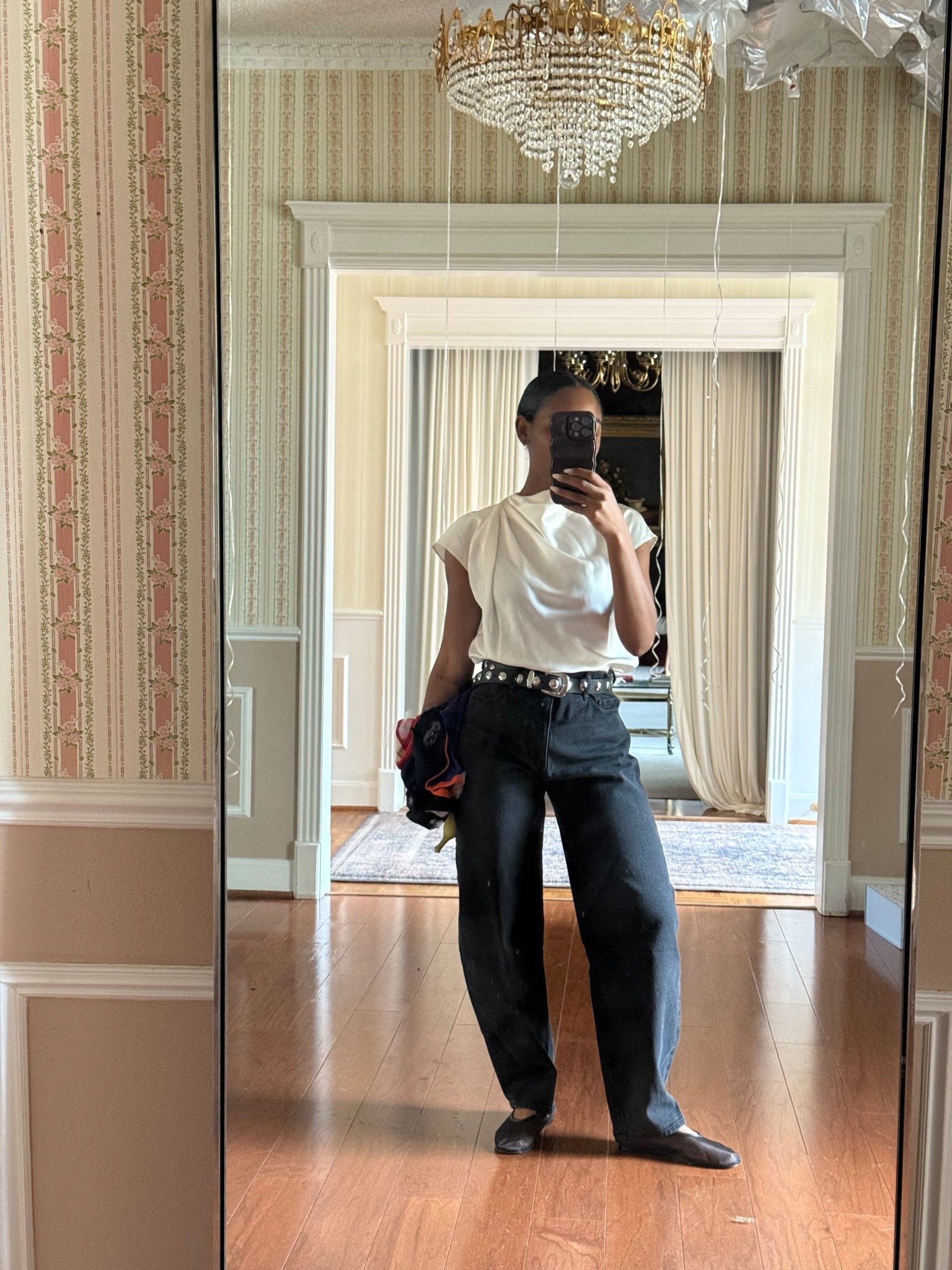 Black barrel jeans, black stud belt, sheer ballet flats, and cowl neck top 

#LTKPetite #LTKootd