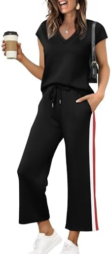 Saloogoe Two Piece Sets for Women Summer Outfits Lounge Sets V Neck Tops Wide Leg Pants Woman Vac... | Amazon (US)