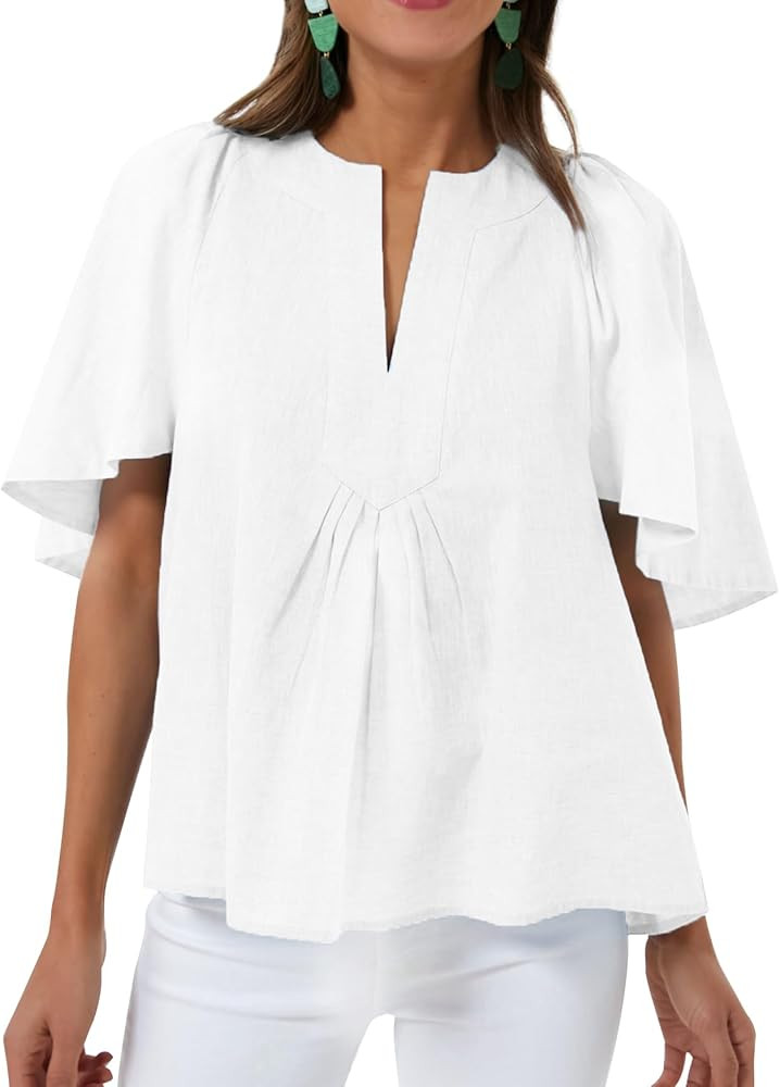 Kedera Womens White Blouse V Neck Flutter Sleeve Linen Shirts Casual Cute Summer Tops at Amazon W... | Amazon (US)