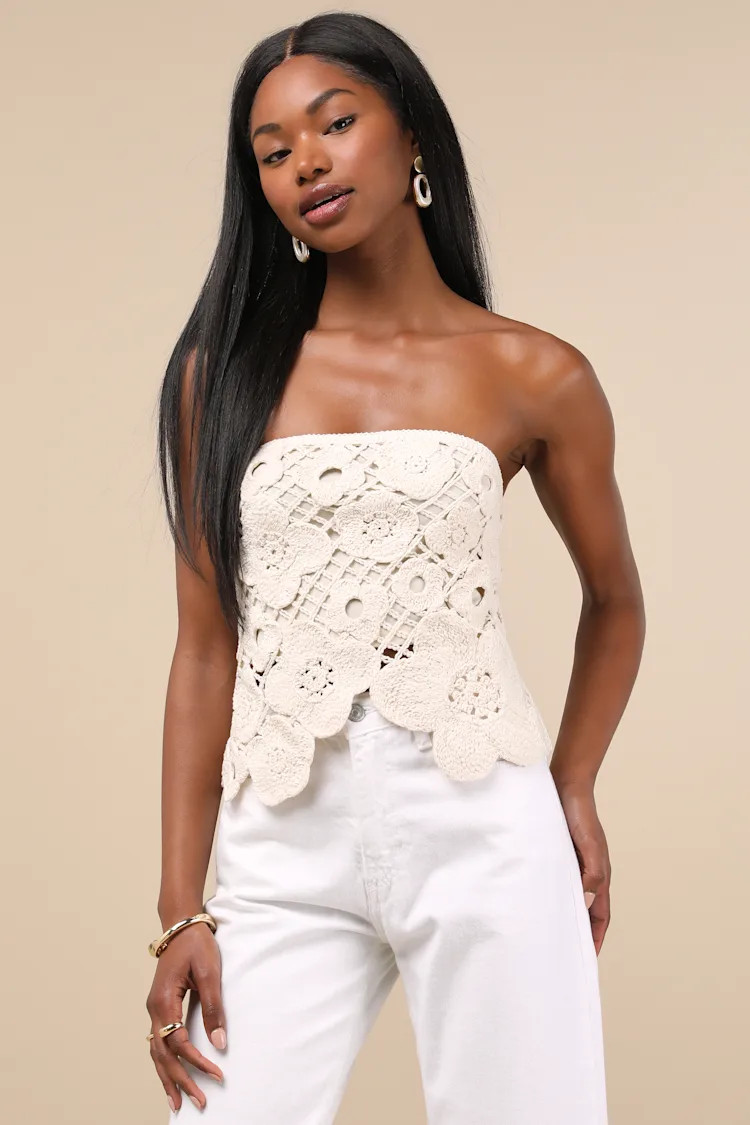 Envied Attitude Beige Crochet Strapless Crop Top | Lulus