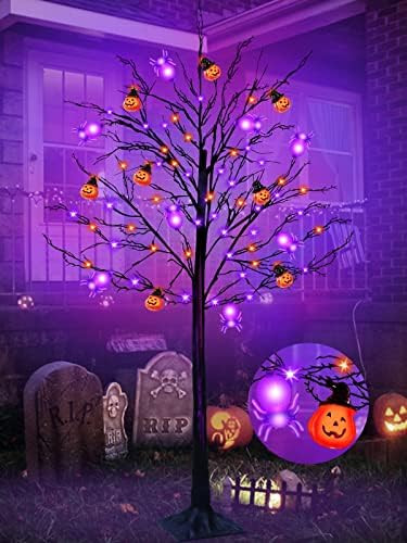 5 Ft Orange & Purple Lighted Halloween Tree Decor Timer 64 LED & 3D 8 Spiders & 8 Pumpkins Jack-O... | Amazon (US)