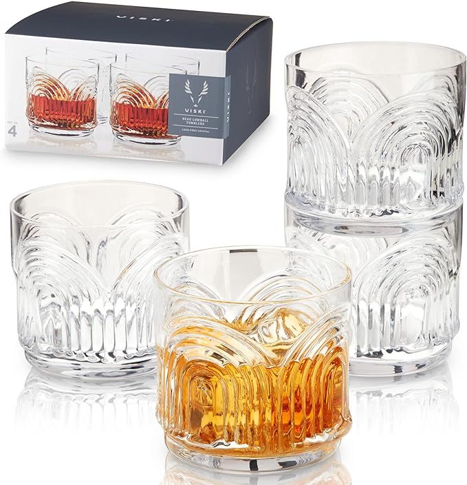 Viski Beau Stemless Lowball Glasses Set of 4 - Vintage Crystal Drinking Glasses for Whiskey, Old ... | Amazon (US)