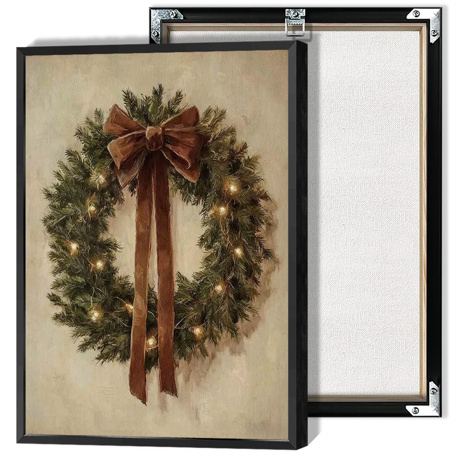 Vintage-Style Christmas Wreath Poster Brown Velvet Bow with Warm-Toned Lights On Evergreen Canvas... | Amazon (US)