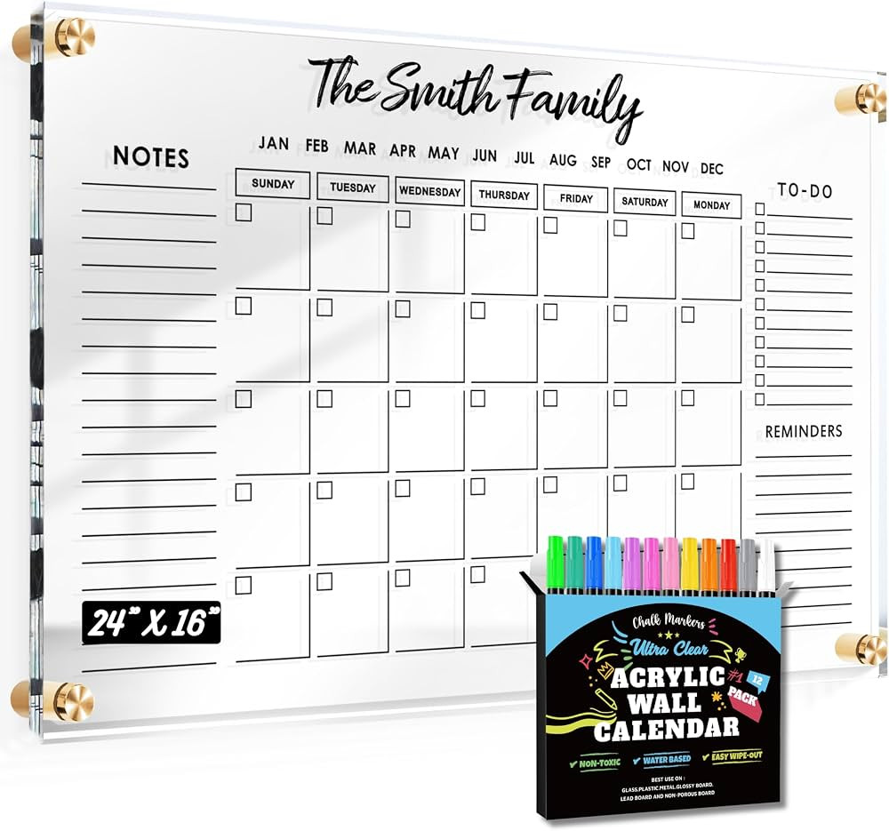 LARGE Oversize Crystal Clear Acrylic Wall Calendar Dry & Erase Board | 24" X 16" | Monthly Family... | Amazon (US)