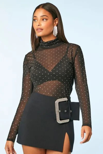 Sheer Rhinestone Turtleneck Top | Forever 21 (US)