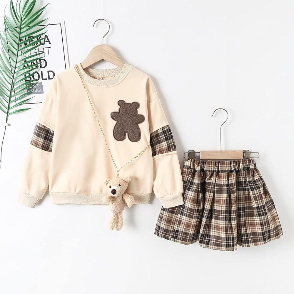OYOANGLE Girl's 3 Piece Outfits Cartoon Print Long Sleeve Pullover Sweatshirt Top and Plaid Skirts and Bag Sets | Amazon (US)