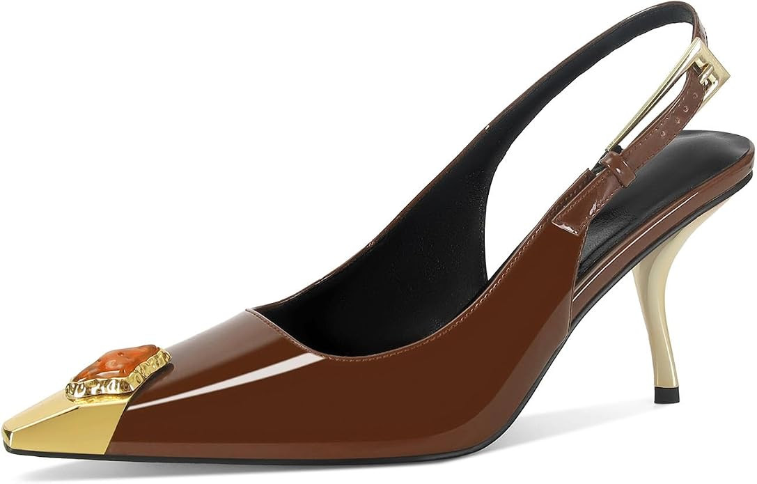 Women Slingback Sandals Stiletto Pumps Metal Kitten Heels Pointed Closed Toe Heeled Sandals Fashi... | Amazon (US)