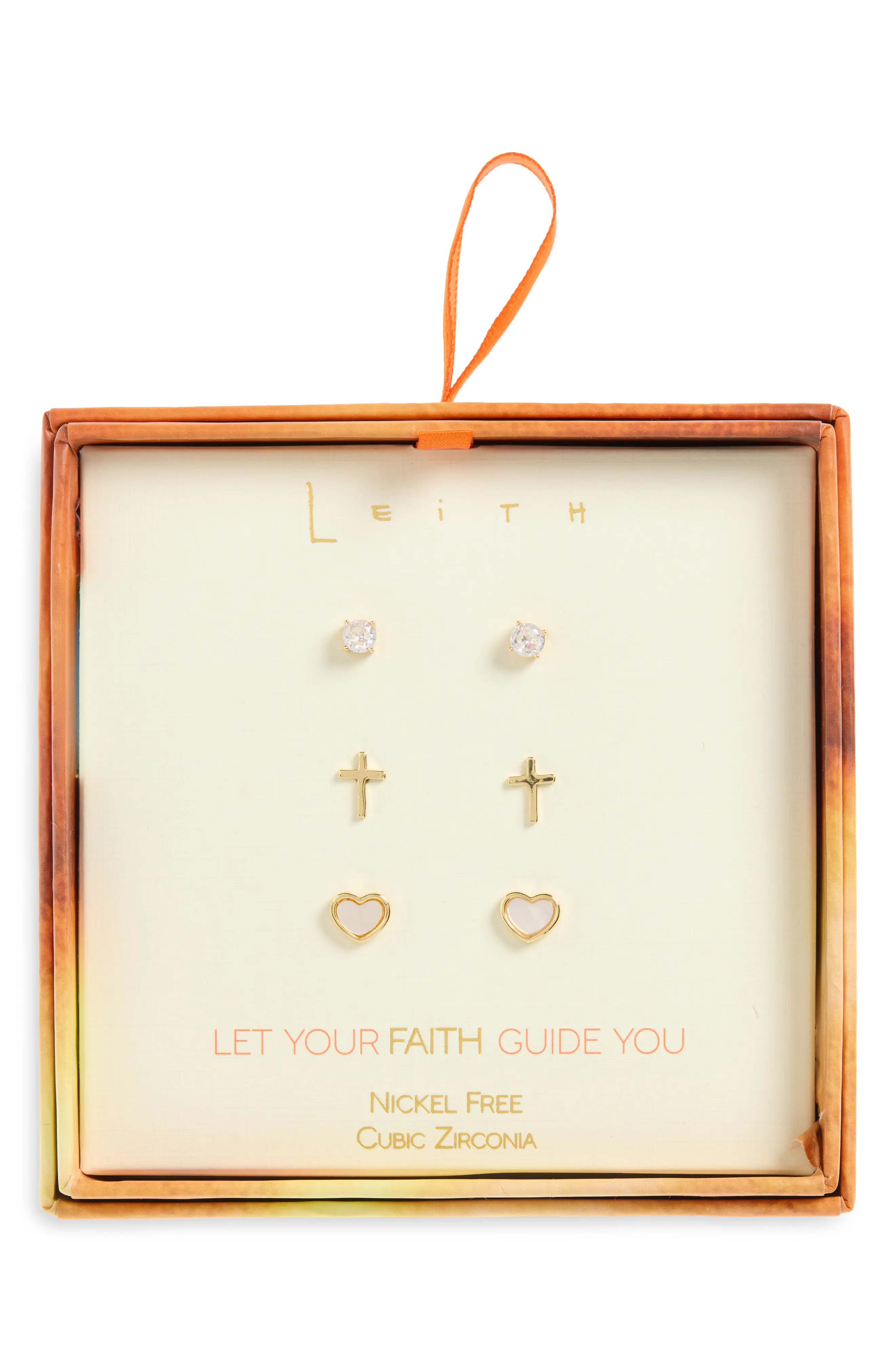 Leith Set of 3 Cubic Zirconia Faith Stud Earrings in Clear- Gold at Nordstrom Rack | Nordstrom Rack