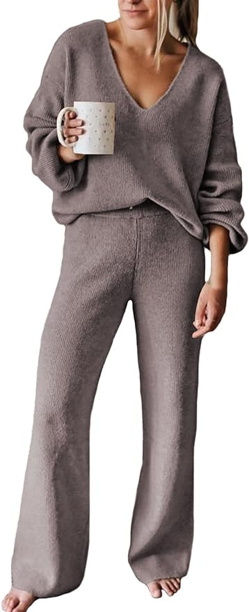 Viottiset Women's 2 Piece Outfits Casual V Neck Knit Wide Leg Sweater Lounge Set Sweatsuit | Amazon (US)