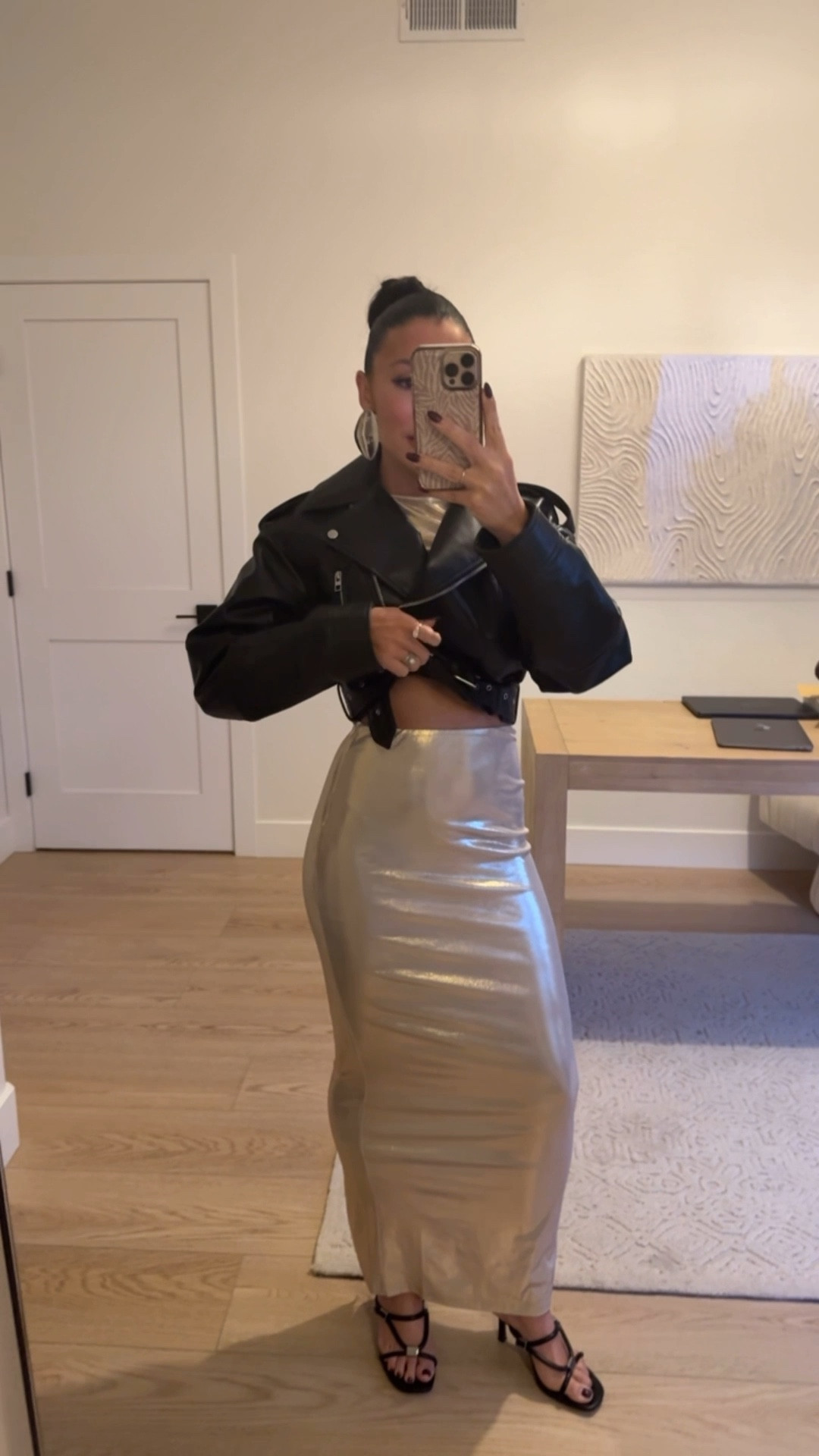 Tonight’s date night look!!
Revolve shimmer skirt set size XS 
Zara leather jacket size small
Amazon earrings 
Walmart heels 

NYE 
New Year’s Eve outfit idea 


#LTKdayinmylife #LTKootd #LTKHoliday