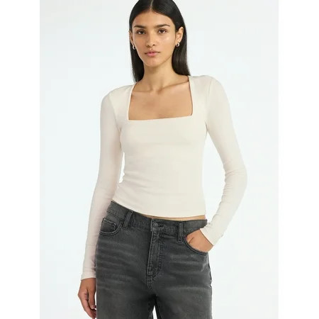 Scoop Women’s Ribbed Square Neck Top with Long Sleeves, Sizes XS-XXL | Walmart (US)