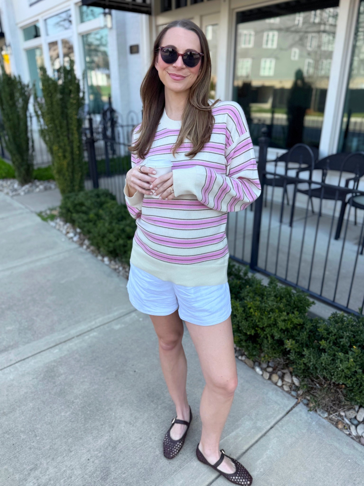 Spring OOTD 
Pink sunglasses
Pink striped sweater - wearing size medium (sized up for bump)
White linen shorts - old. Linked similar. Wearing size small (would prefer medium for pregnancy). 
Woven ballet flats - wearing size 8.5. Sized down 1 full size (typically wear 9.5). 

#LTKSeasonal #LTKBump #LTKootd
