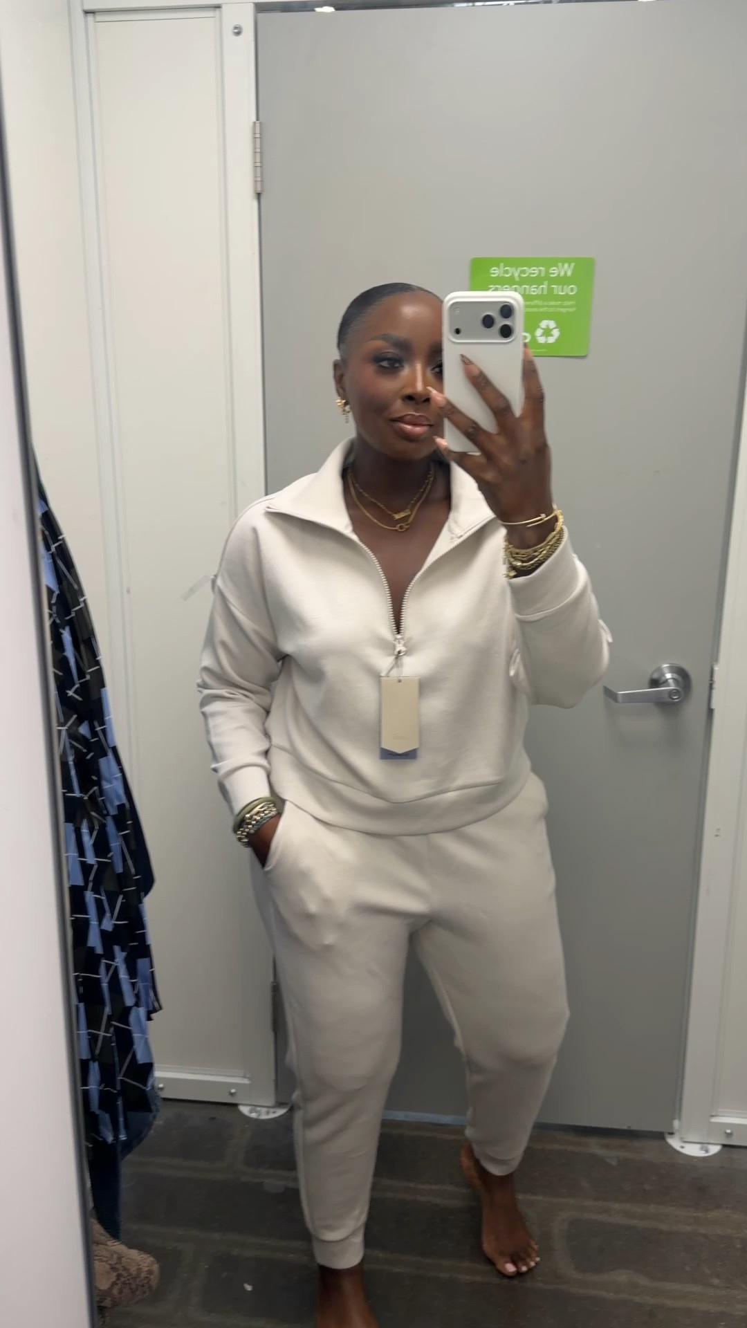 Wearing a L in this loungewear set from Walmart. The scuba knit material is soooo soft. Pants are tapered at the ankle.
