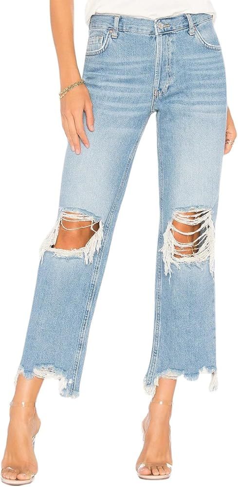 LifeShe Women's Ripped Jeans Casual Mid Rise Straight Leg Denim Pants Raw Hem Cropped Jeans | Amazon (US)