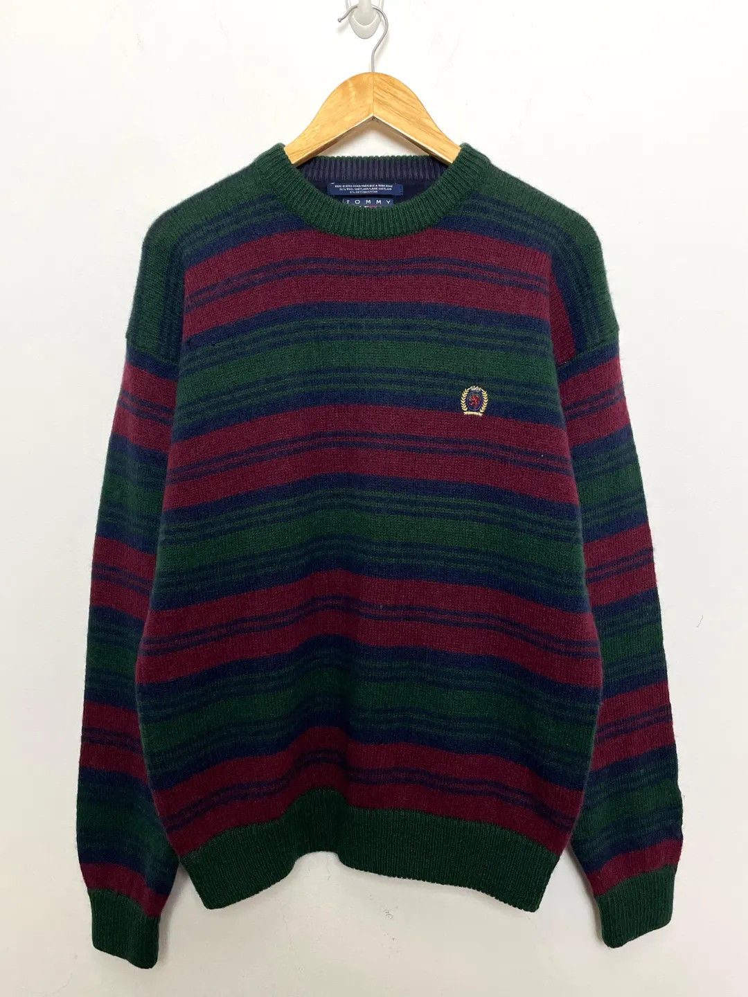 Vintage 1990s Tommy Hilfiger Green Blue and Red Striped Shetland Wool Crewneck Sweater (fits Adul... | Etsy (US)