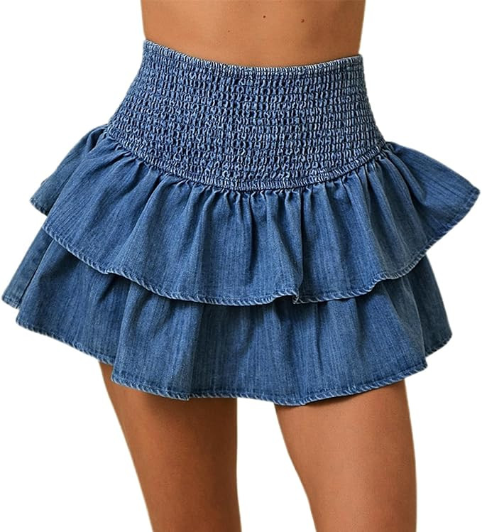 Womens Y2K Shirred Denim Mini Skirt High Rise Ruffled Tiered Layer Short Jean Skirts Smocked A Li... | Amazon (US)