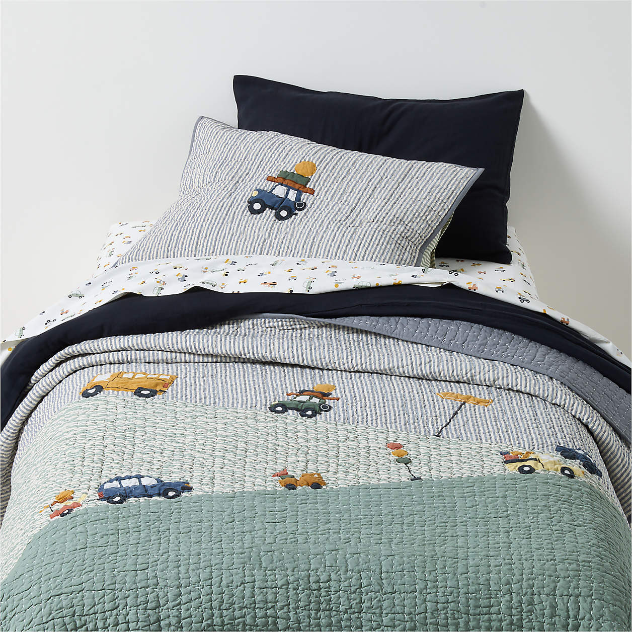 Wheely Cool Embroidered Organic Cotton Kids Twin Quilt | Crate & Kids | Crate & Barrel