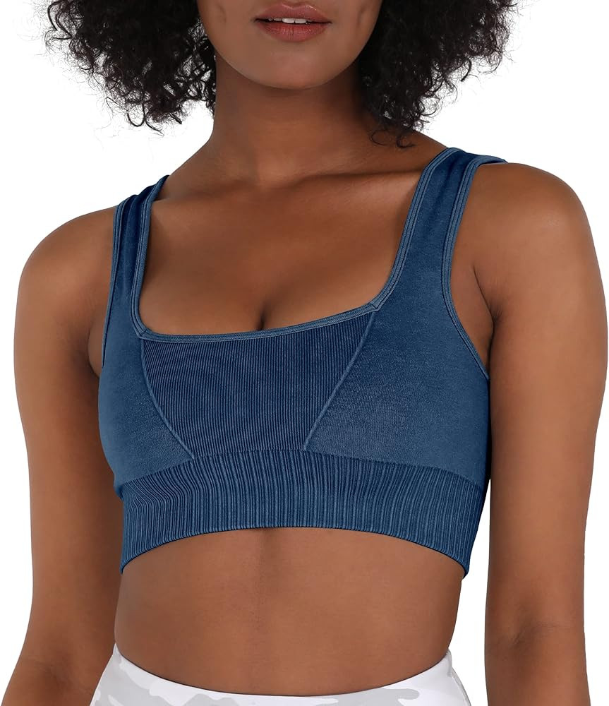 ODODOS Seamless Square Neck Sports Bra for Women Ribbed Crop Tank Casual Low Back Cropped Tops | Amazon (US)