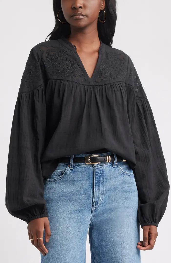 Appliqué Yoke Balloon Sleeve Cotton Top | Nordstrom