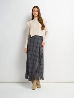 Tassel Mock Wrap Skirt - Grey Plaid | Fame On central