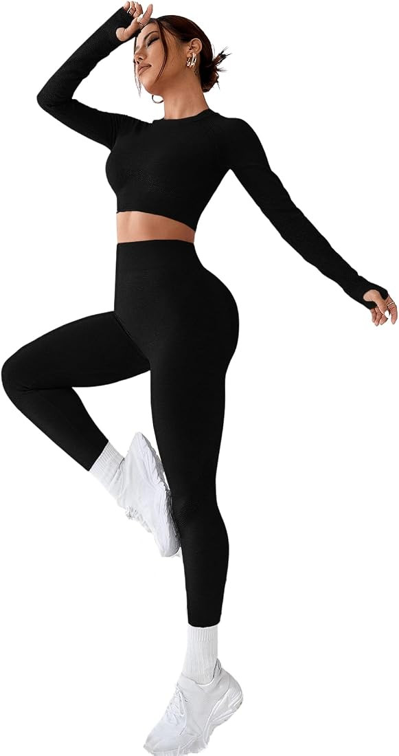 SweatyRocks Women's 2 Piece Sports Outfit Solid Cut Out Back Long Sleeve Crop Top and Leggings Se... | Amazon (US)