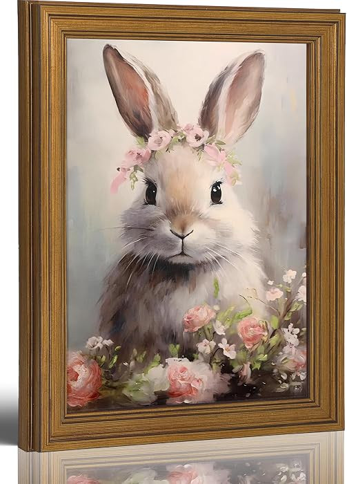 Gold Framed Rabbit Canvas Wall Art, Easter Bunny With Floral Crown Painting Picture Wall Decor, L... | Amazon (US)