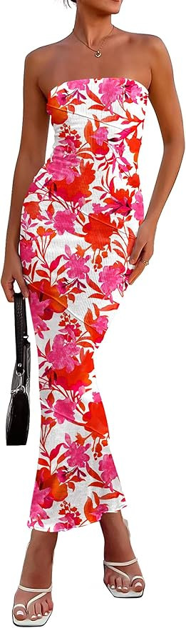 PRETTYGARDEN Women's 2026 Summer Floral Bodycon Maxi Dresses Ribbed Strapless Tube Casual Boho Pa... | Amazon (US)