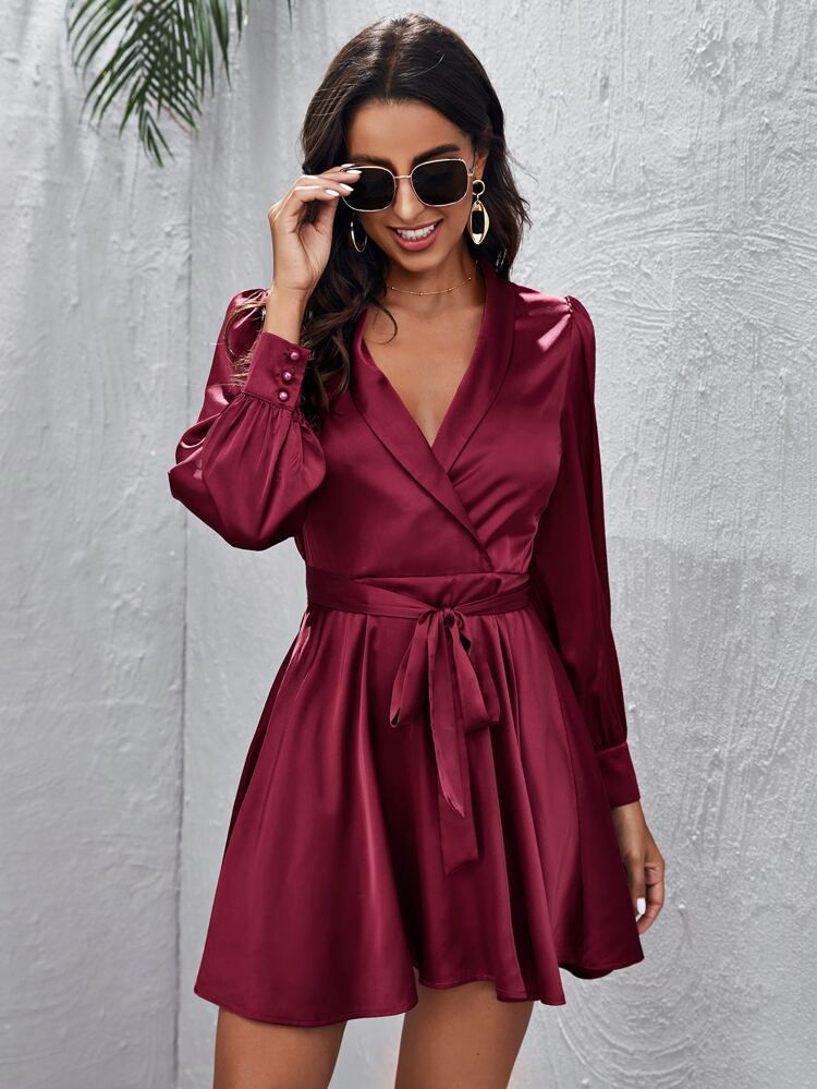 SHEIN Shawl Collar Self Belted Satin Dress | SHEIN